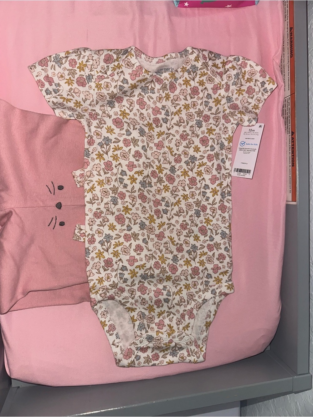 Pink floral baby onesie with bunny ears pants set 12M